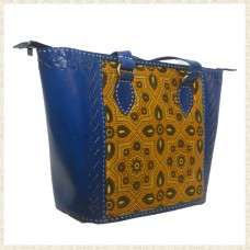 Handcrafted Leather and Mashru Silk Bag with Zipper Blue