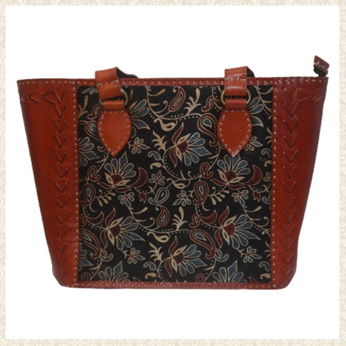 Hand-Stitched Brown Leather Bag with Mashru Silk Design