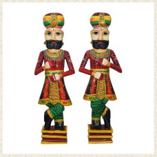 Large Rajasthani Hand-Painted Wooden Carved Men Sculpture