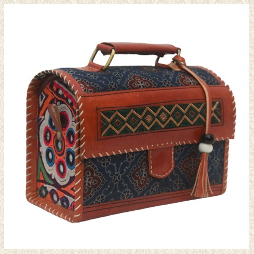 Handmade Leather Box Bag with Silk and Abla Design