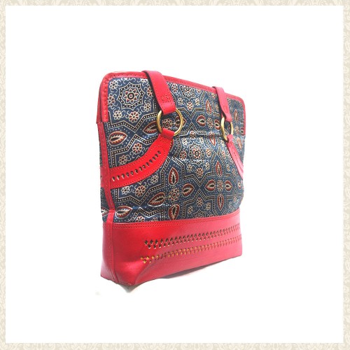 Handmade Red Leather Bag with Mashru Silk