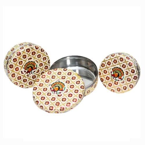 Meenakari Designed Masala Tin with 7 Individual Tins Made from Stainless Steel