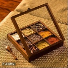 Wooden Handcrafted Spice Box/ Masala Dabba with 9 Square Compartments & Spoon - Christmas Gift