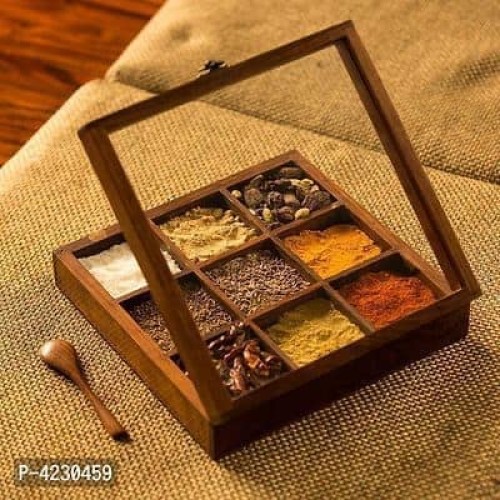 Wooden Handcrafted Spice Box/ Masala Dabba with 9 Square Compartments & Spoon - Christmas Gift
