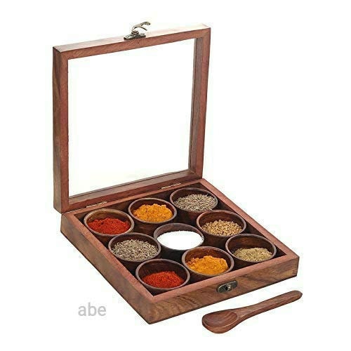 Wooden Handcrafted 9 Round Compartments Spice Box/ Masala Dabba with Spoon - Christmas Gift