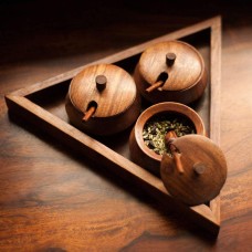 Wooden Handmade Triangular Pickle, Chutney and Masala Jar Set with Serving Tray and Spoon (Brown) - Christmas Gift