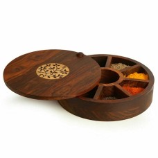 Vintage Floral Burnt Sheesham Wooden Round Spice Box / Masala Dabba - Christmas Gift