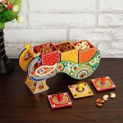 Handmade Multipurpose Box Peacock Wooden Dry Fruit Box,Wedding and Corporate Gifts- Handicraft Item by Indicrafts Global - Gift