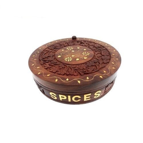 Wooden Handicraft Round Brass Embossed Craving Spice Box / Masala Dabba - Christmas Gift