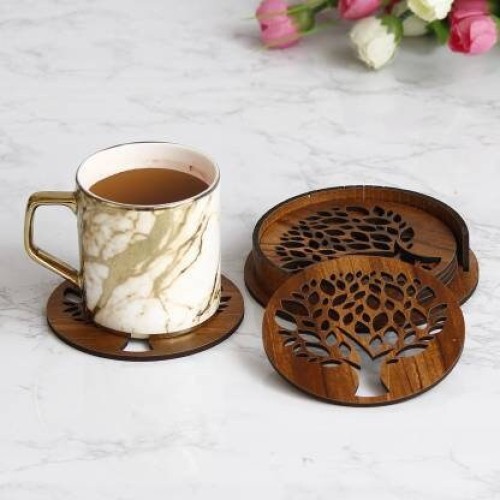 Wooden Tea Coaster with Stand for Dining Table, Office Table and Coffee Mug-Set of 6 Round Coasters by Indicrafts Global - Gift