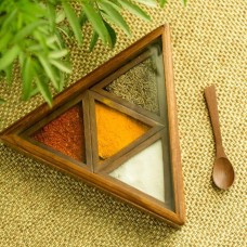 Wooden Handcrafted Triangle Shape Spice Box/ Masala Dabba with Spoon - Christmas Gift