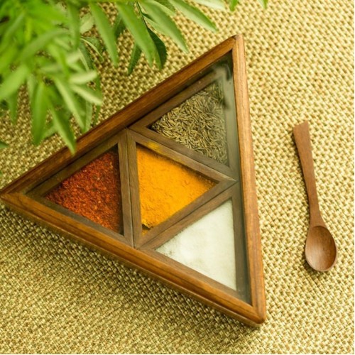 Wooden Handcrafted Triangle Shape Spice Box/ Masala Dabba with Spoon - Christmas Gift