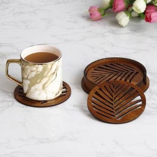 Wooden Tea Coaster with Stand for Dining Table, Office Table and Coffee Mug-Set of 6 Round Coasters by Indicrafts Global - Gift