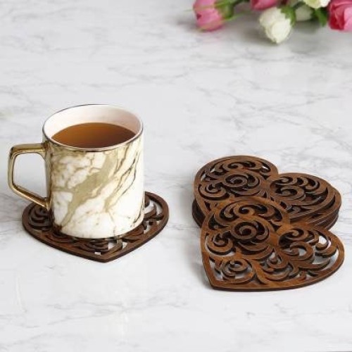 Wooden Tea Coaster with Stand for Dining Table, Office Table and Coffee Mug- Set of 6 Heart Shaped Coaster - Christmas Gift