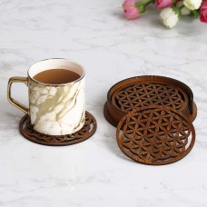 Wooden Tea Coaster with Stand for Dining Table, Office Table and Coffee Mug-Set of 6 Round Coasters by Indicrafts Global - Gift