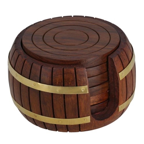 Wooden Coaster with Barrel Shape Stand for Dining Table, Office Table and Coffee Mug-Set of 6 Round Coasters - Christmas Gift