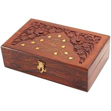 Handcrafted Beautiful Floral Carving Wooden Jewellery Box with Brass Inlay Storage Organizer by Indicrafts Global - Christmas Gift