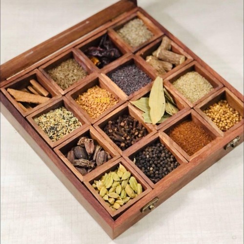 Wooden Handcrafted Spice Box/ Masala Dabba with 16 Square Compartments & Spoon, Sheesham Wood Spice Box Set - Christmas Gift