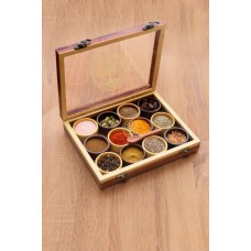 Dual-Tone Wooden Handcrafted Spice Box/ Masala Dabba with 12 Round Compartments & Spoon, Sheesham Wood Spice Box Set - Day Gift