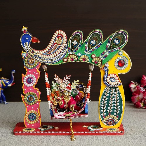 Beautiful Wooden Handicrafted Peacock Swing Jhula for Laddu Gopal Krishna for Home Mandir Temple by Indicrafts Global