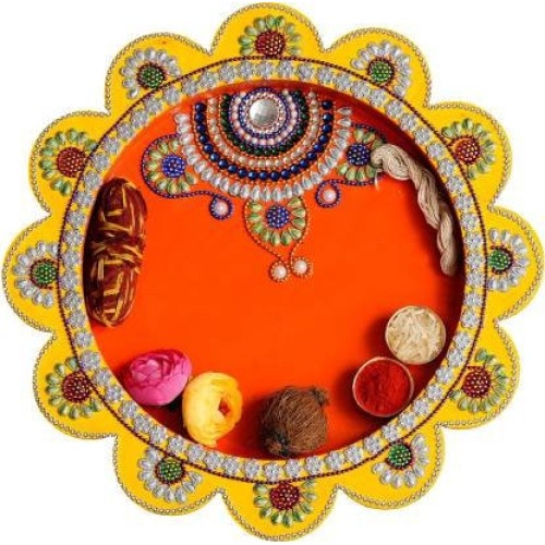 Handmade Wooden Orange/ Yellow Pooja Thali, Welcome Thali by Indicrafts Global – Diwali