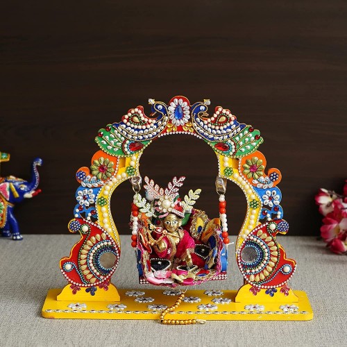 Beautiful Wooden Handicrafted Peacock Swing Jhula for Laddu Gopal Krishna for Home Mandir Temple by Indicrafts Global