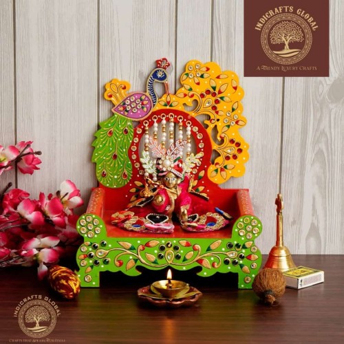 Beautiful Wooden Handicrafted Peacock Singhasan for Laddu Gopal Krishna for Home Mandir Temple by Indicrafts Global