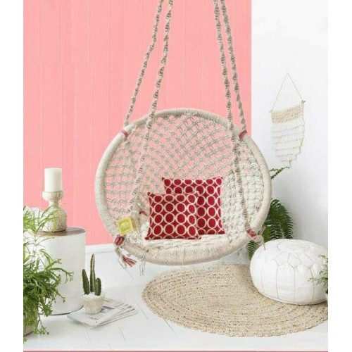 Home Indoor Round White Swing Chair Adult & Kids Cotton Large Swing (White, Pre-assembled)- Christmas Gift