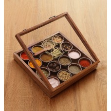 Wooden Handcrafted Spice Box/ Masala Dabba with 16 Round Compartments & Spoon, Sheesham Wood Spice Box Set - Christmas Gift