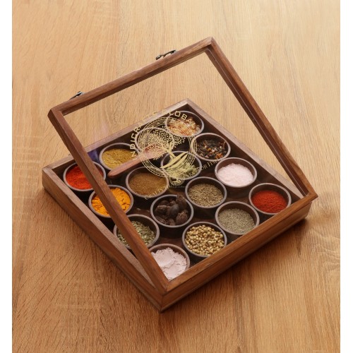 Wooden Handcrafted Spice Box/ Masala Dabba with 16 Round Compartments & Spoon, Sheesham Wood Spice Box Set - Christmas Gift