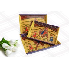 Wooden Serving Tray Set of 3- Rajasthani Embossed Hand Painted Serving Tray - Christmas Gift
