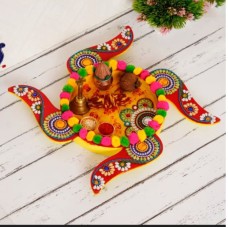 Handmade Wooden Multicolour Swastik Shaped Pooja Thali, Welcome Thali by Indicrafts Global – Diwali