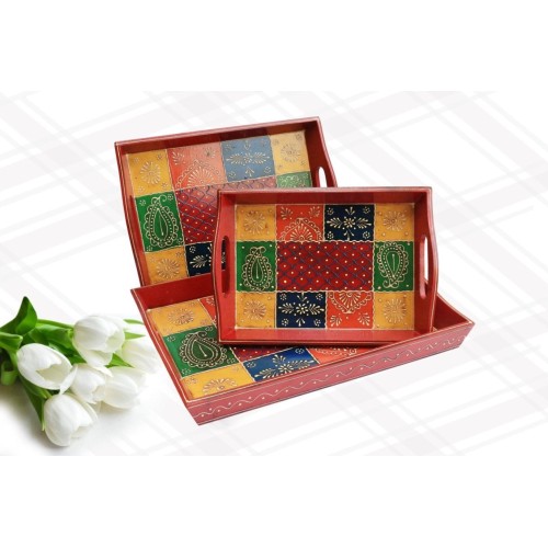 Wooden Serving Tray Set of 3- Rajasthani Embossed Hand Painted Serving Tray - Christmas Gift