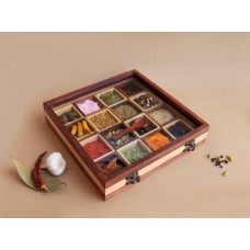 Dual-Tone Wooden Handcrafted Spice Box/ Masala Dabba Dual Tone with 16 Square Compartments & Spoon, Sheesham Wood Spice Box Set