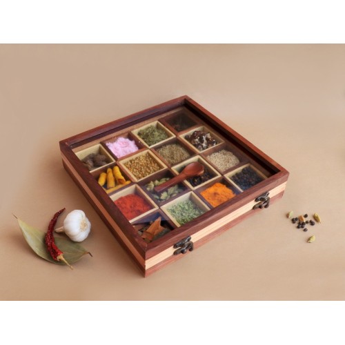 Dual-Tone Wooden Handcrafted Spice Box/ Masala Dabba Dual Tone with 16 Square Compartments & Spoon, Sheesham Wood Spice Box Set