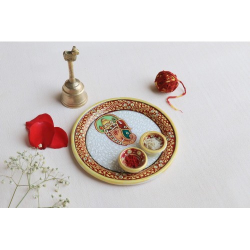 Handcrafted Designer Decorative Meenakari Work Marble Round Pooja Thali with Printed Ganesha-By Indicrafts Global