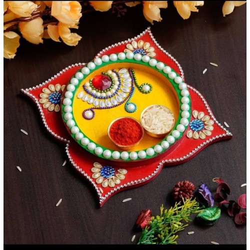 Handmade Wooden Multicolour Pooja Thali, Welcome Thali by Indicrafts Global – Diwali