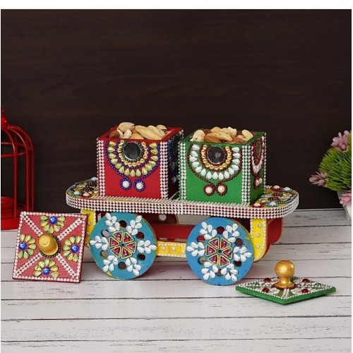 Handmade Multi-coloured Cart Wooden Dry Fruit Box, For Wedding Gifts, For Dining Table, Corporate Gift by Indicrafts Global - Gift