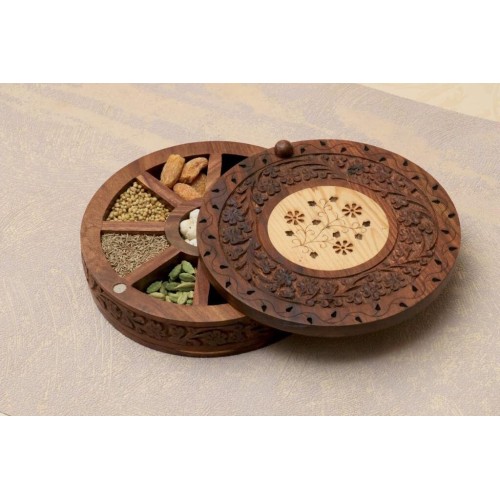 Wooden Handcrafted Round Floral Burnt Embossed Spice Box/ Masala Dabba - Christmas Gift
