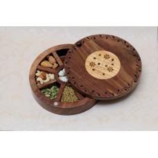 Vintage Floral Burnt Sheesham Wooden Round Spice Box / Masala Dabba - Christmas Gift