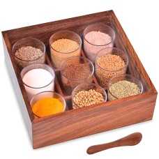 Wooden Handcrafted 9 Removable Transparent Cylindrical Containers Round Compartments Spice Box/ Masala Dabba with Spoon - Day Gift