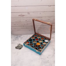 Blue Colour (Fluorescent Colour Range) Wooden Handcrafted Spice Box/ Masala Dabba with 16 Round Compartments & Spoon