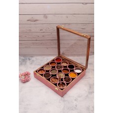 Pink Colour (Fluorescent Colour Range) Wooden Handcrafted Spice Box/ Masala Dabba with 16 Round Compartments & Spoon