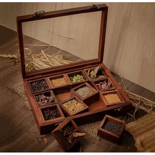 Wooden Handcrafted Spice Box with 12 Compartments & Spoon, Sheesham Wood Spice Box Set - Christmas Gift