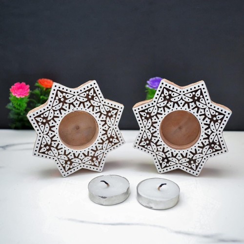 Hand-Carved Star DesignTea Light Candle Holder, Decorative Tea Light Candle Holder for Home Decoration by Indicrafts Global – Set of 2