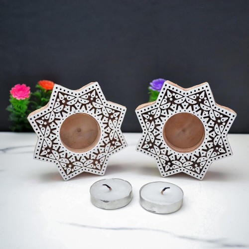 Hand-Carved Star DesignTea Light Candle Holder, Decorative Tea Light Candle Holder for Home Decoration by Indicrafts Global – Set of 2