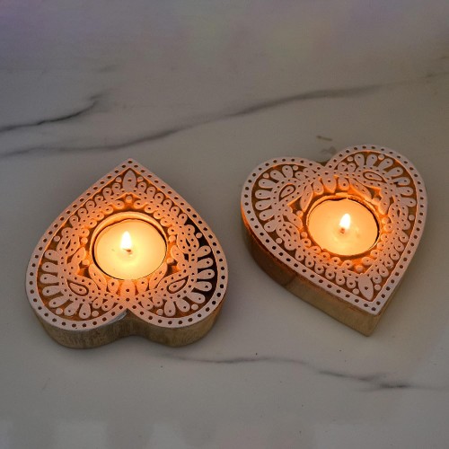 Hand-Carved Heart Tea Light Candle Holder, Decorative Tea Light Candle Holder for Home Decoration by Indicrafts Global – Set of 2