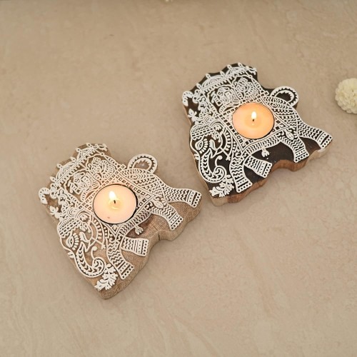 Hand-Carved Elephant DesignTea Light Candle Holder, Decorative Tea Light Candle Holder for Home Decoration by Indicrafts Global – Set of 2