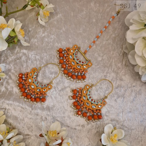 Meenakari Loop Earrings Tikka Set - Orange