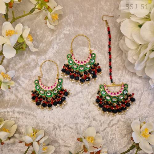 Meenakari Loop Earring Tikka Set - Emerald Green